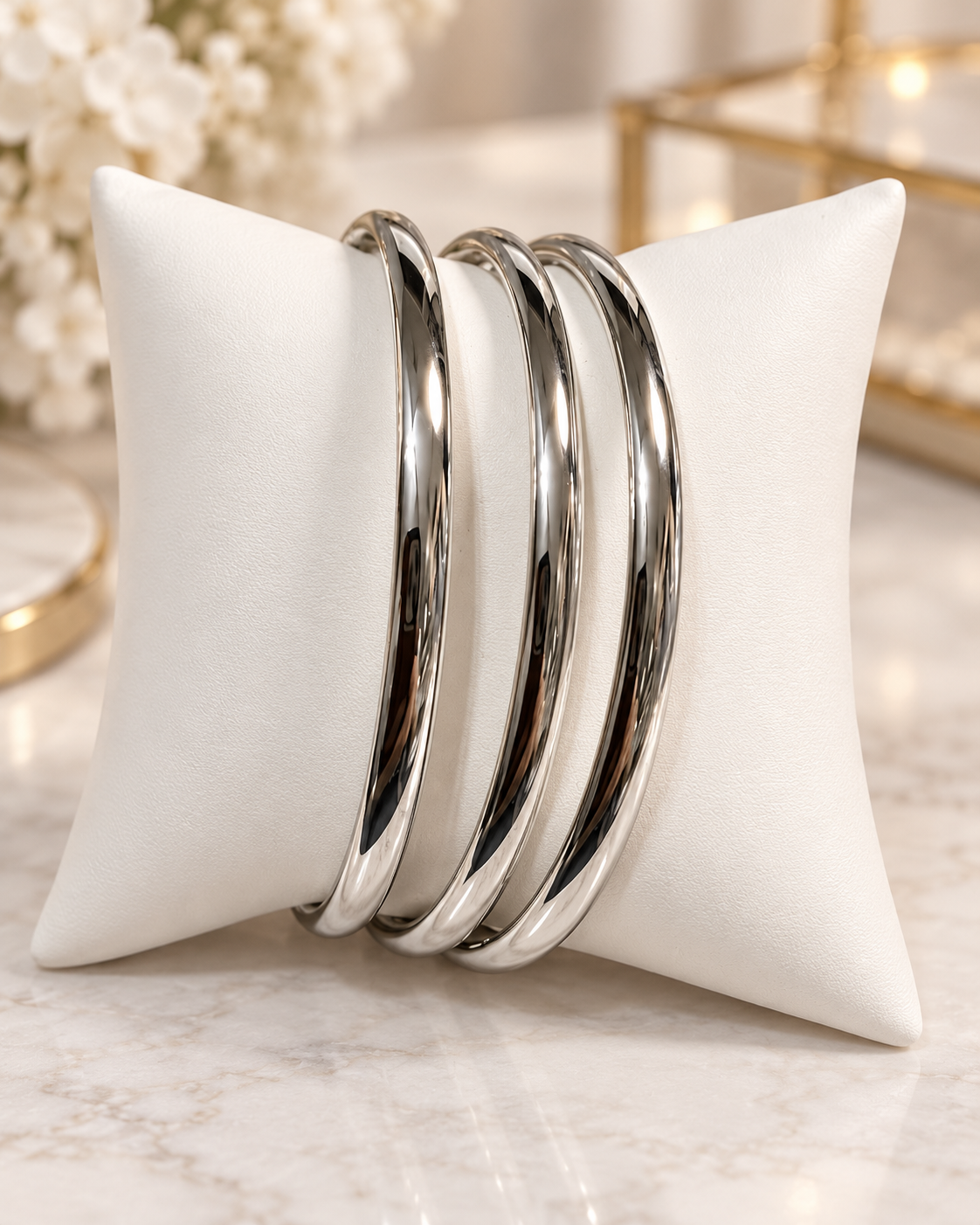 Set of 3 - 4mm 14k White Gold Plated Bangles 7.5”