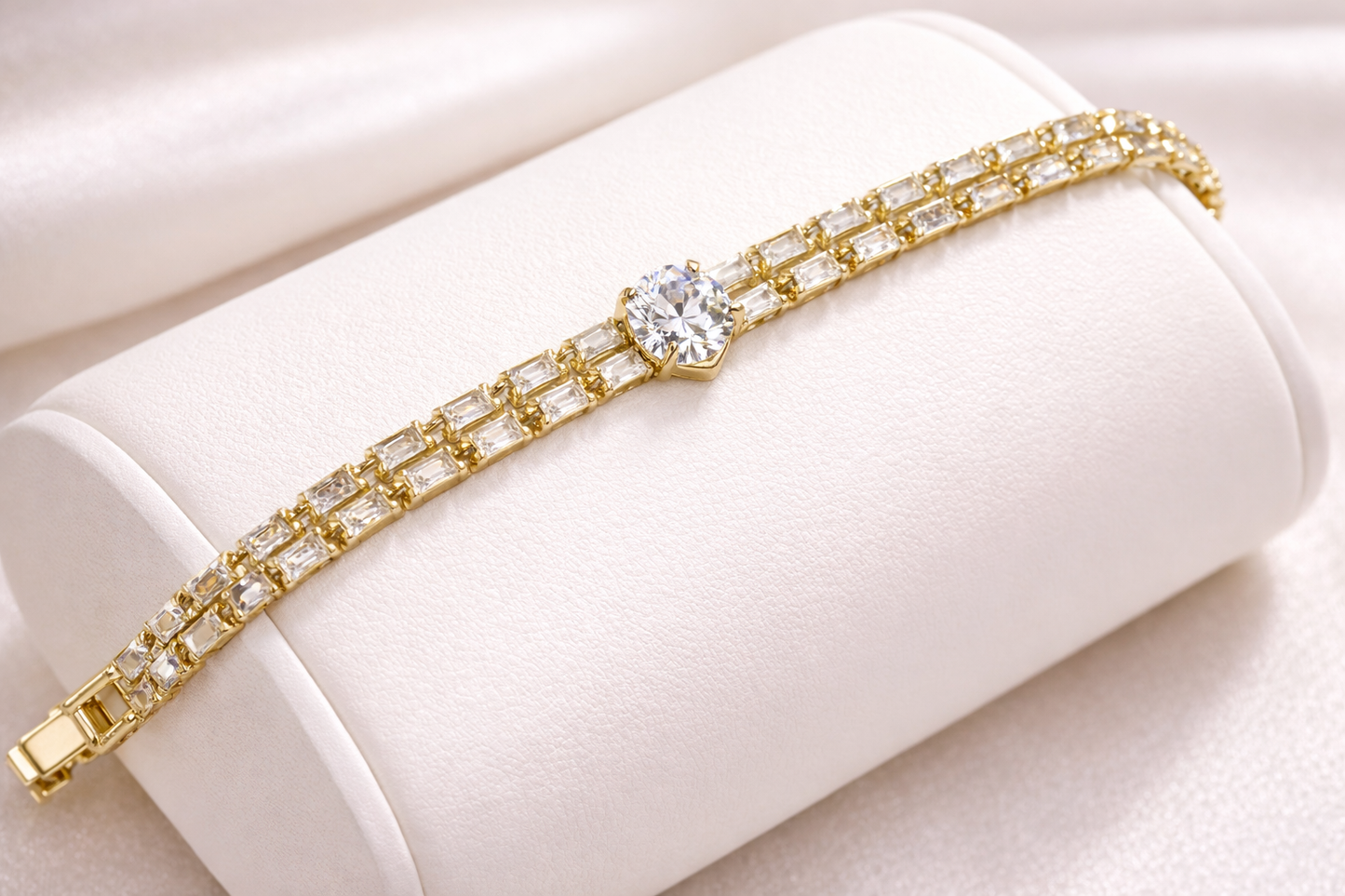 7.5โ 14K Gold Plated Double Row Baguette CZ Heart Bracelet