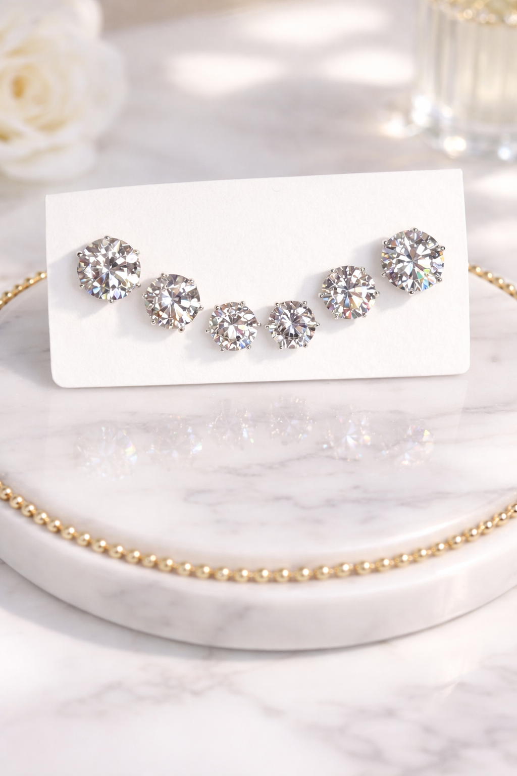3-Pair Gold Plated Classic Round CZ Stud Earrings Set – Silver Tone