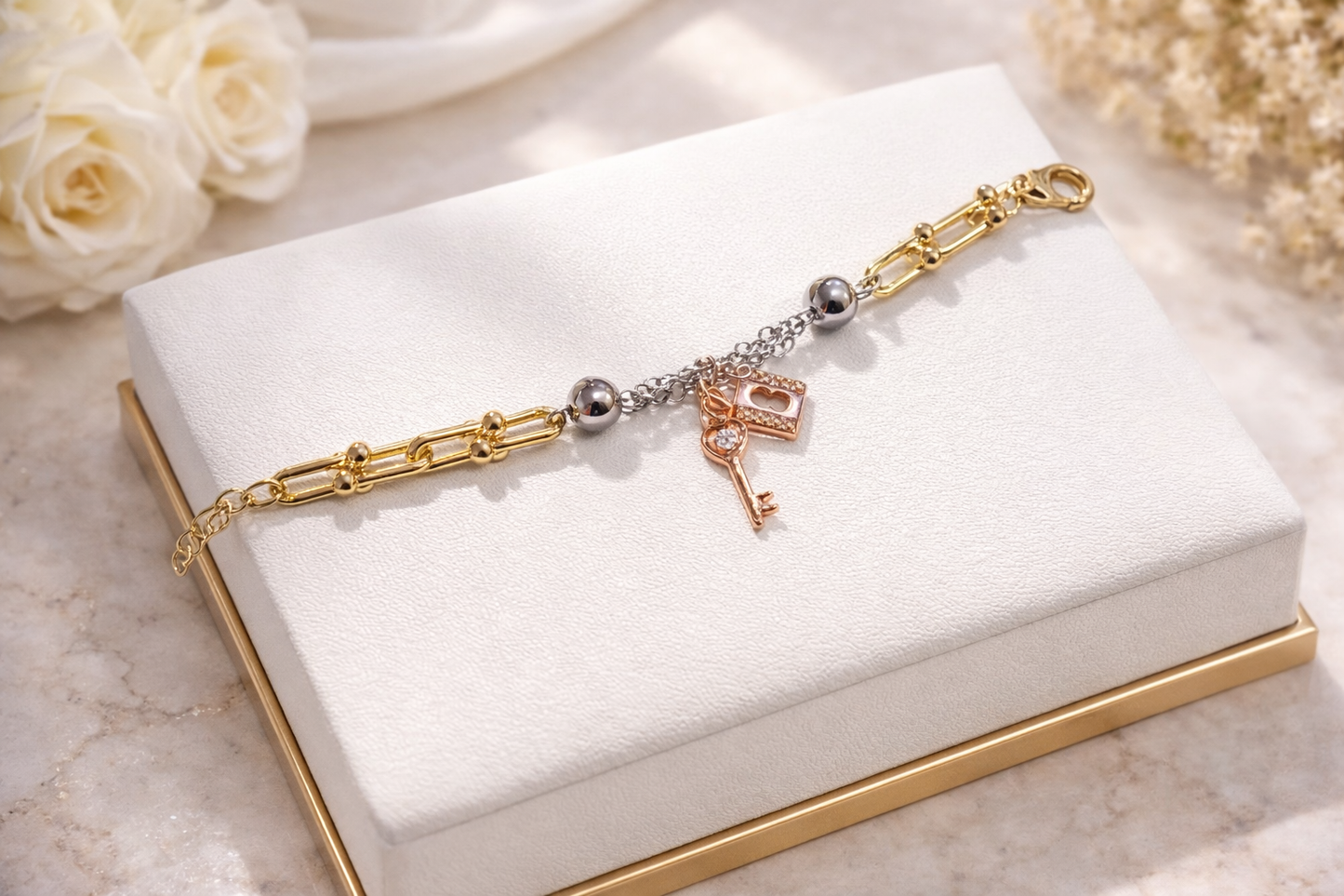8.5” Tri-Color Lock & Key Industrial Link Gold Plated XP Bracelets