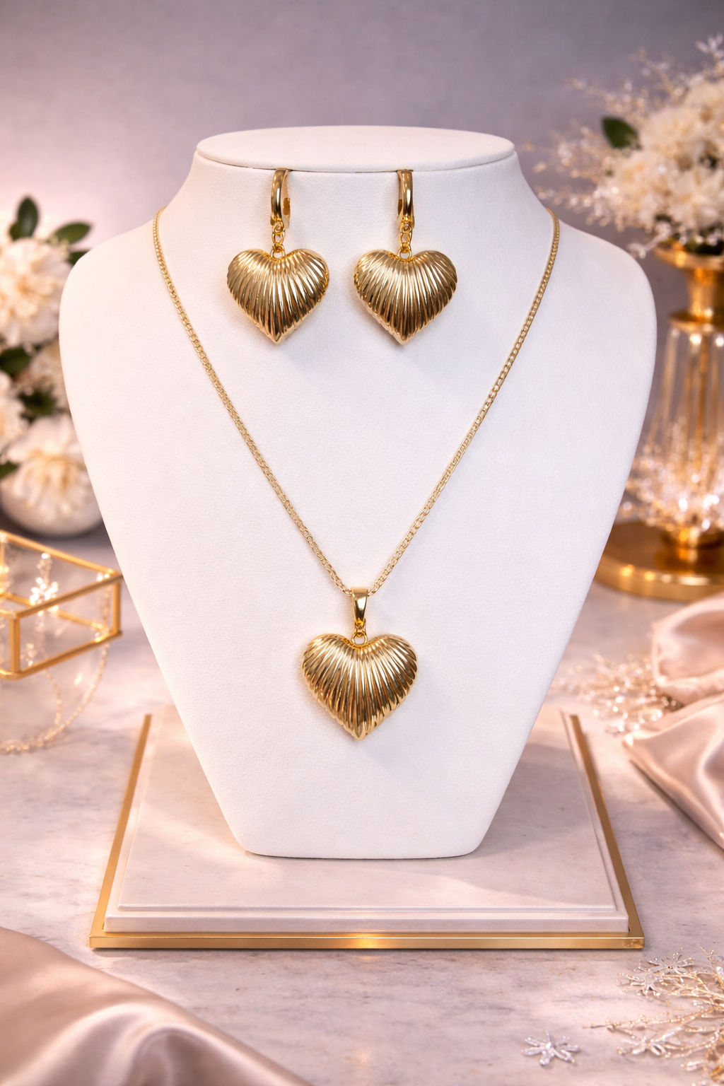 14K Gold Plated XP Ribbed Heart Jewelry Set