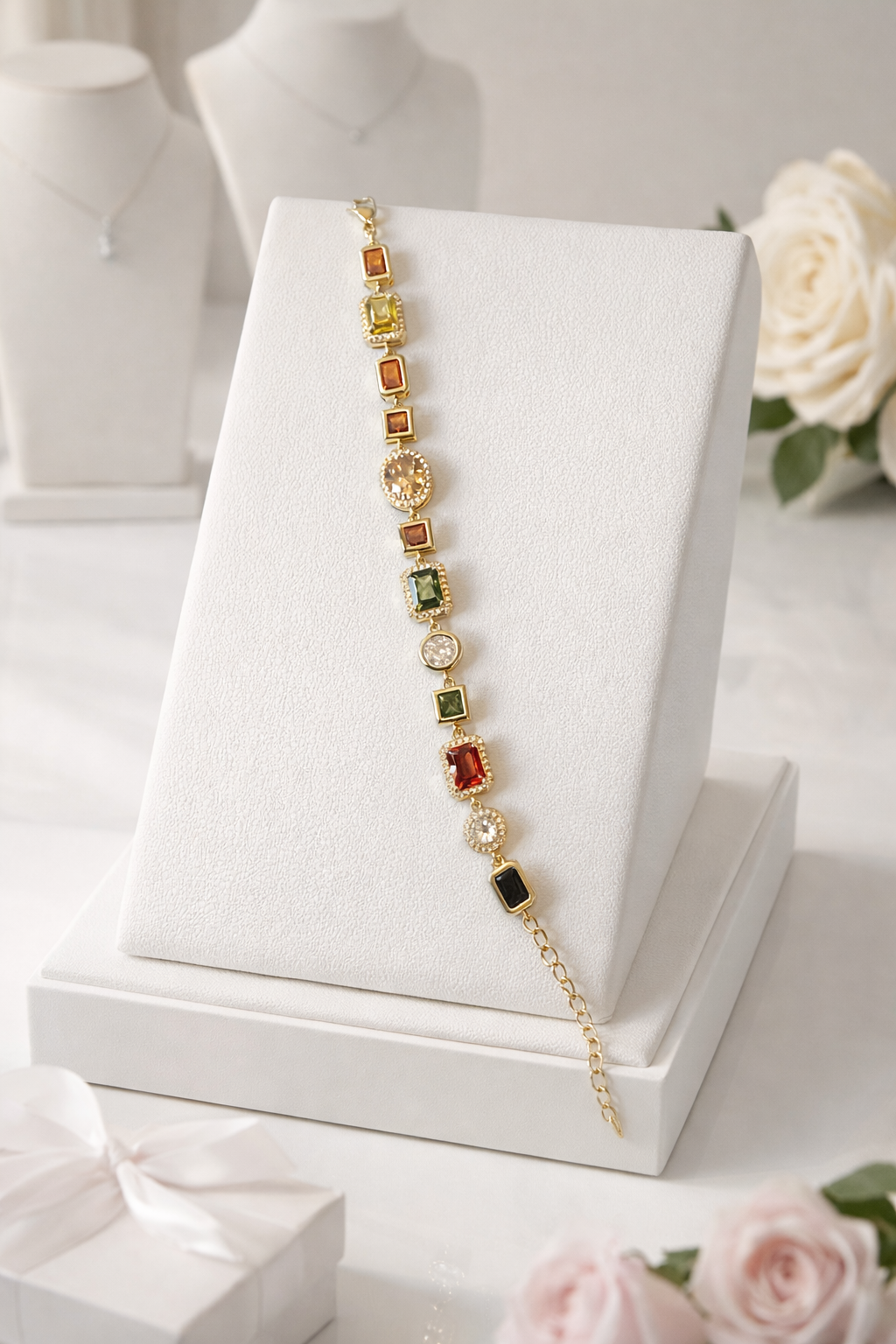 6.5”-8.5” Multicolor Gemstone Link Bracelet – Gold Tone Statement Bracelet