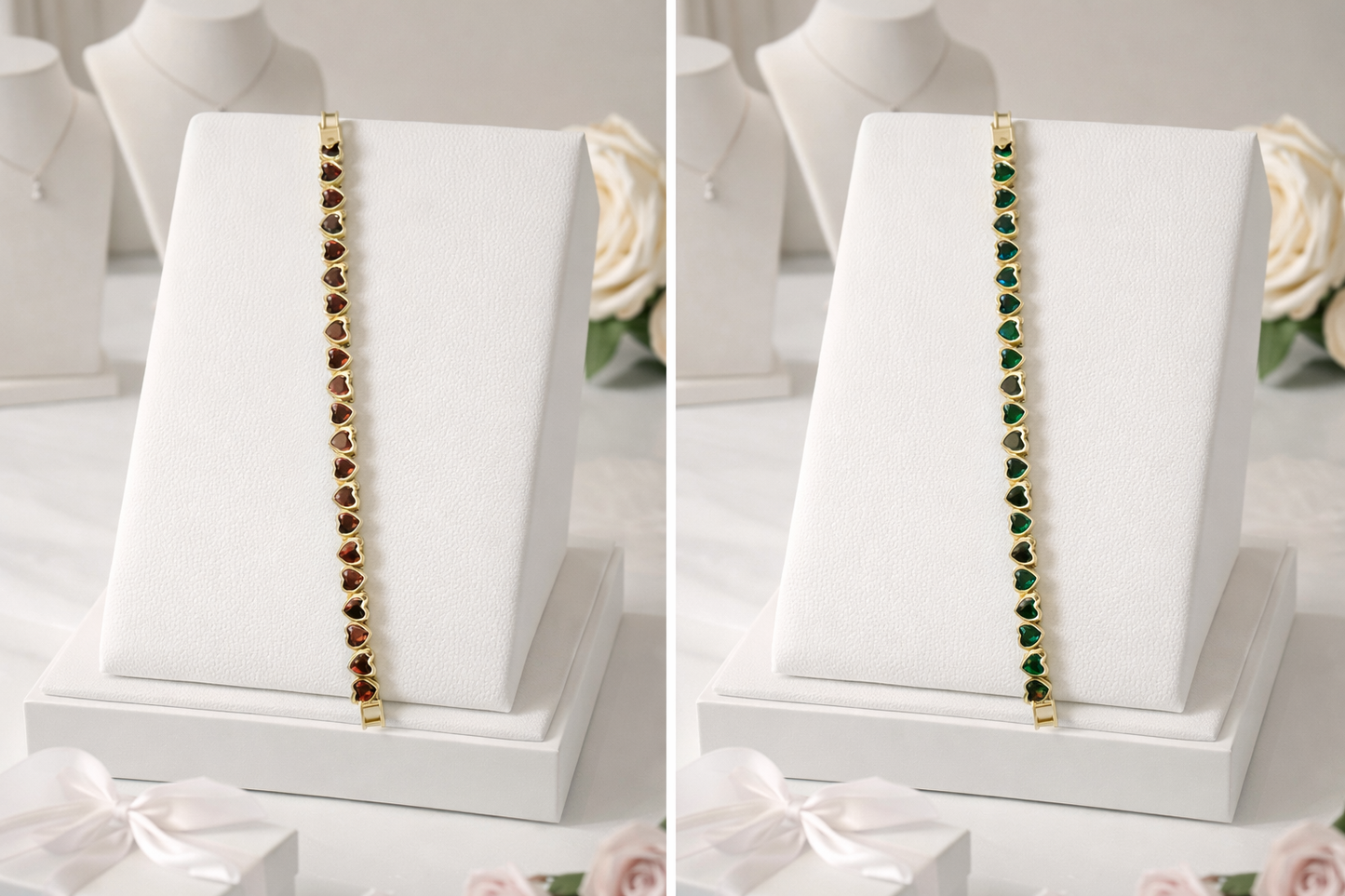 7 3/4” Heart Colored Cz Tennis Bracelet in Copper Red or Emerald