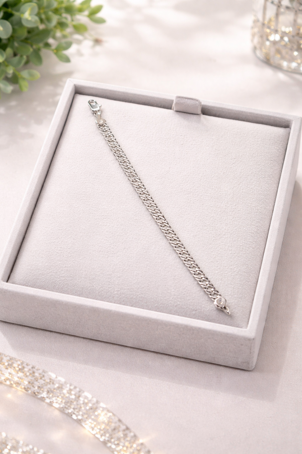 8 1/4” White Gold Plated Double Curbed Chain Bracelet
