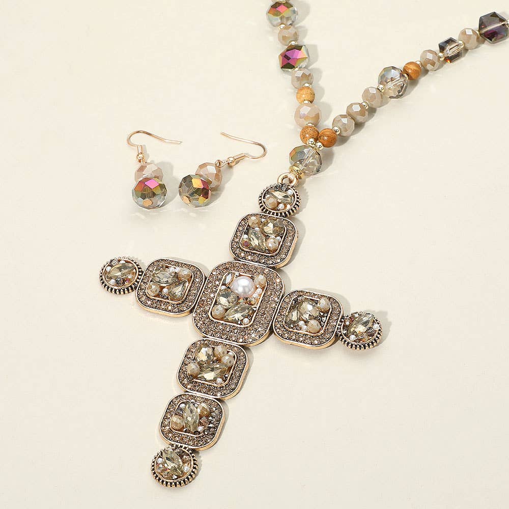 Stone Pearl Embellished Cluster Cross Pendant Faceted Beaded Long Necklace: Blue, Brown, Turquoise, Beige