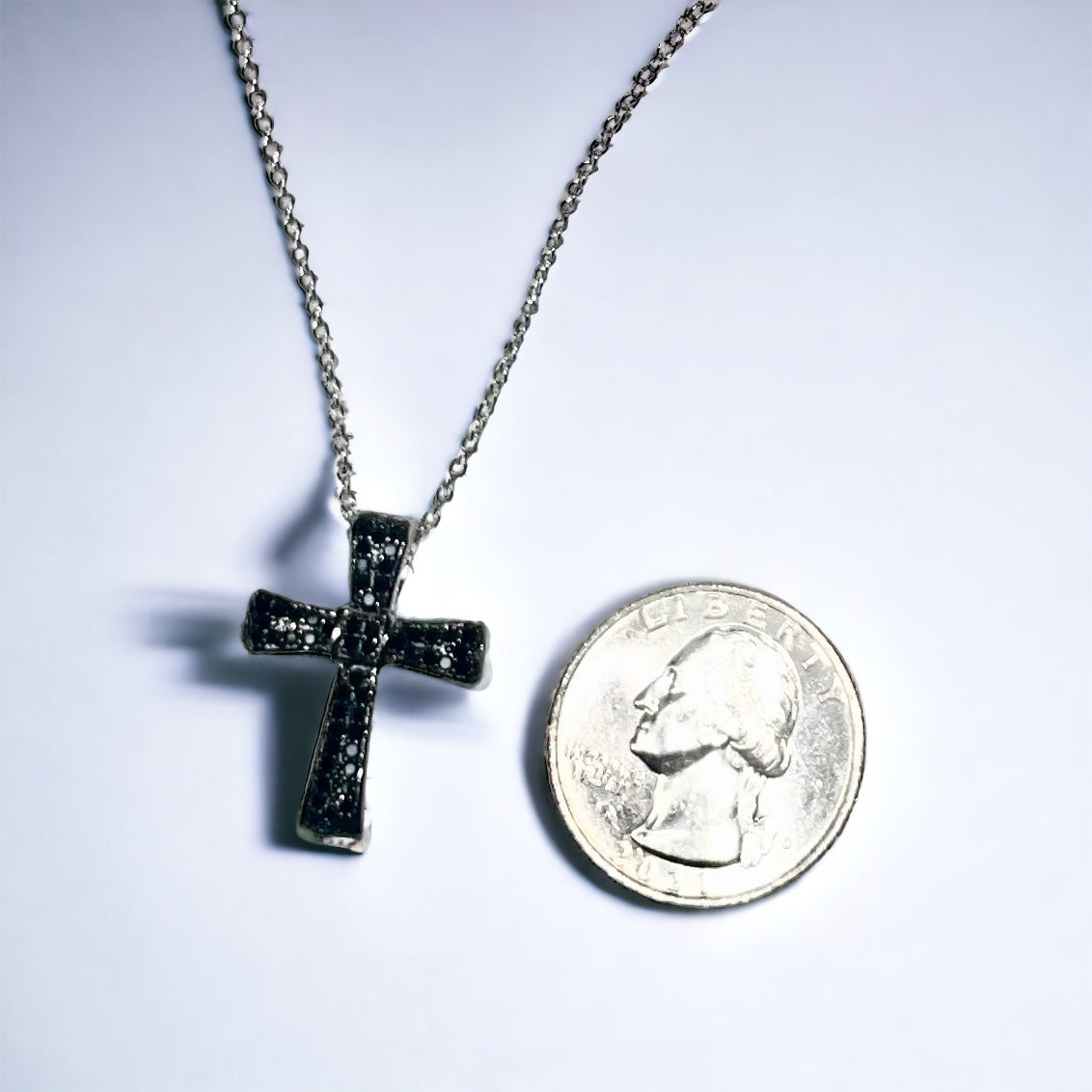 .925 Sterling Silver Cross Black CZ 16”-18”Necklace