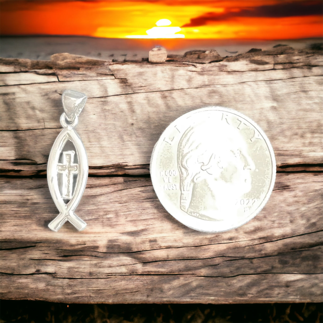 .925 Sterling Silver Christian Ichthus Fish High Polish Cross-Pendant-Charm