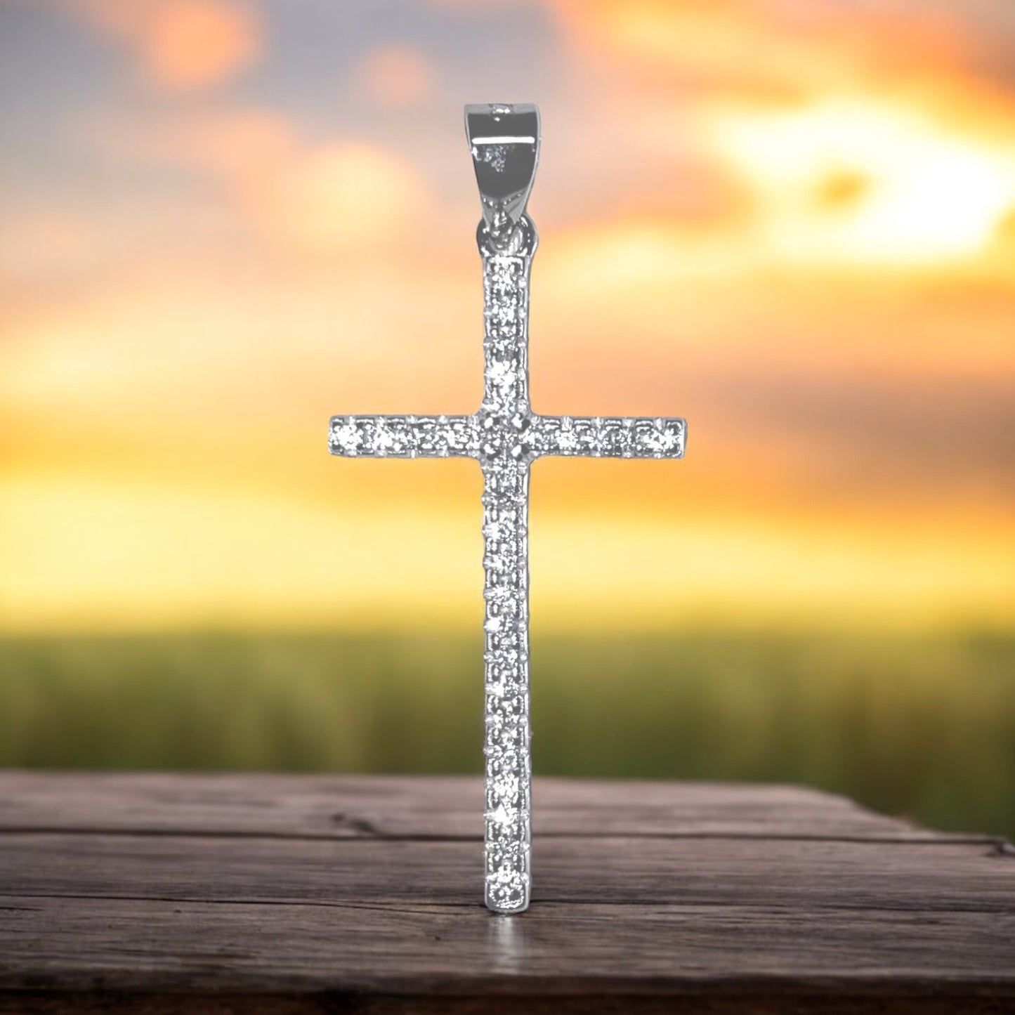 .925 Sterling Silver Detailed Long Thin Cross Pendant Clear Simulated CZ
