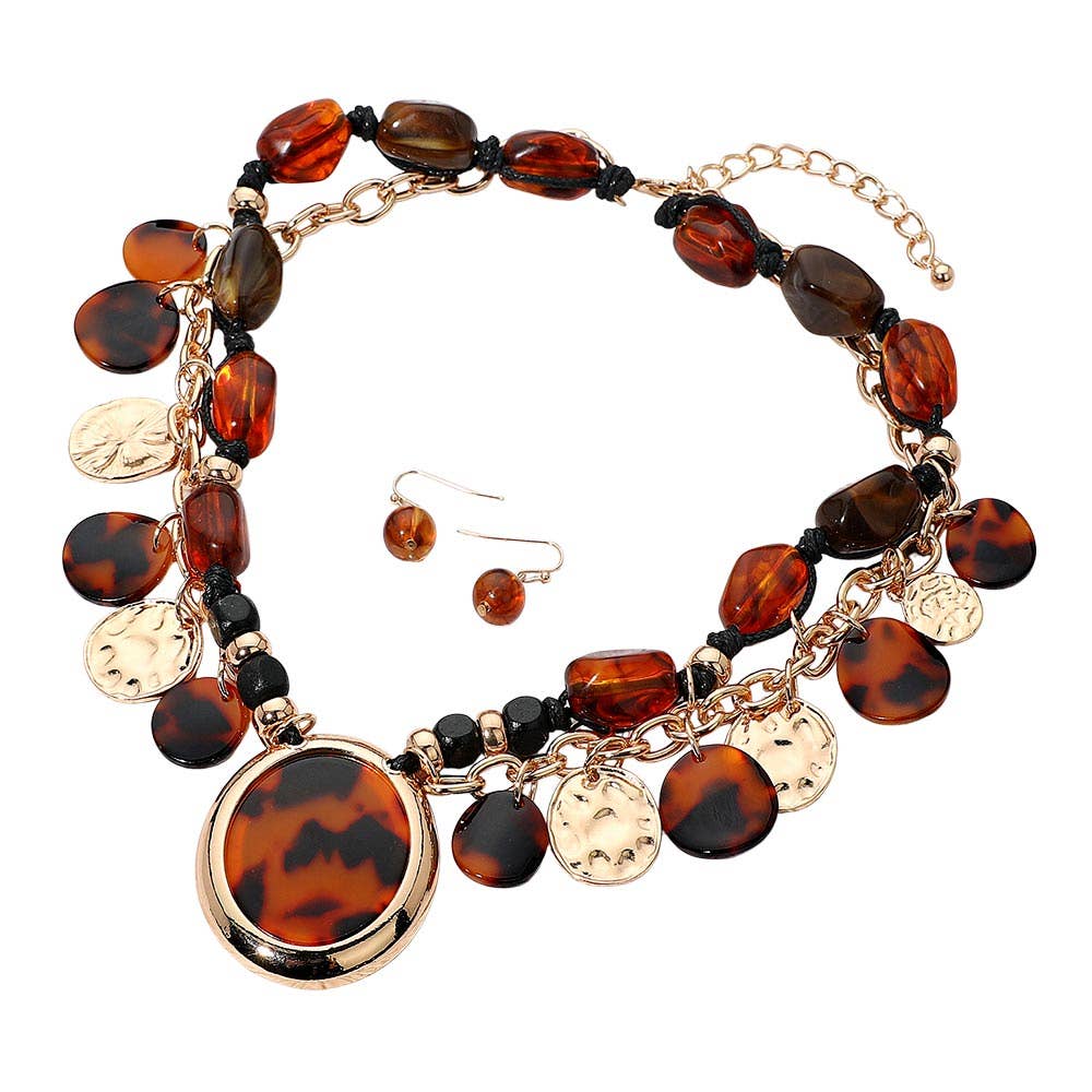 Bold Patterned Resin Oval Pendant Accent Layered Charm Station Pebble Beaded Statement Necklace: Gold,Leopard