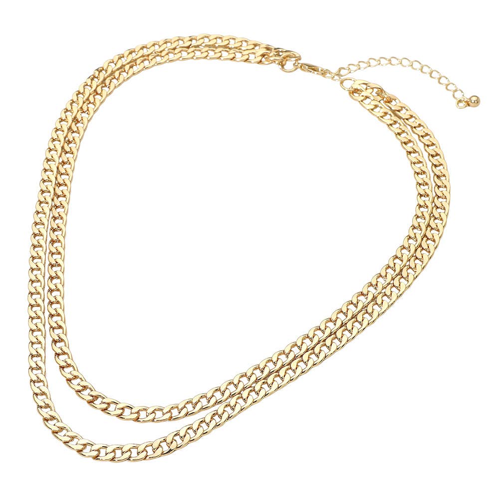 Gold Dipped Double Layer Cuban Chain Necklace: Rhodium & Gold