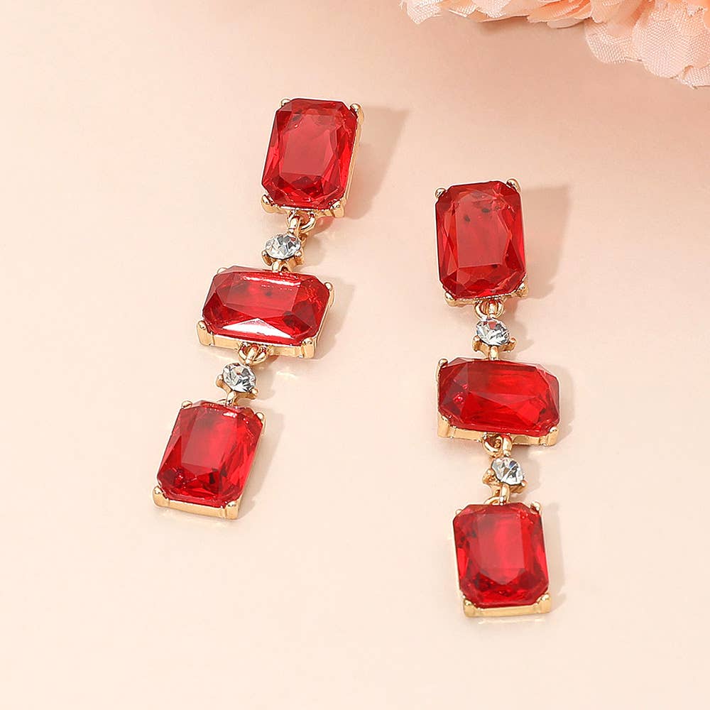 Rectangle Glass Stone Link Dropdown Earrings: Gold Red