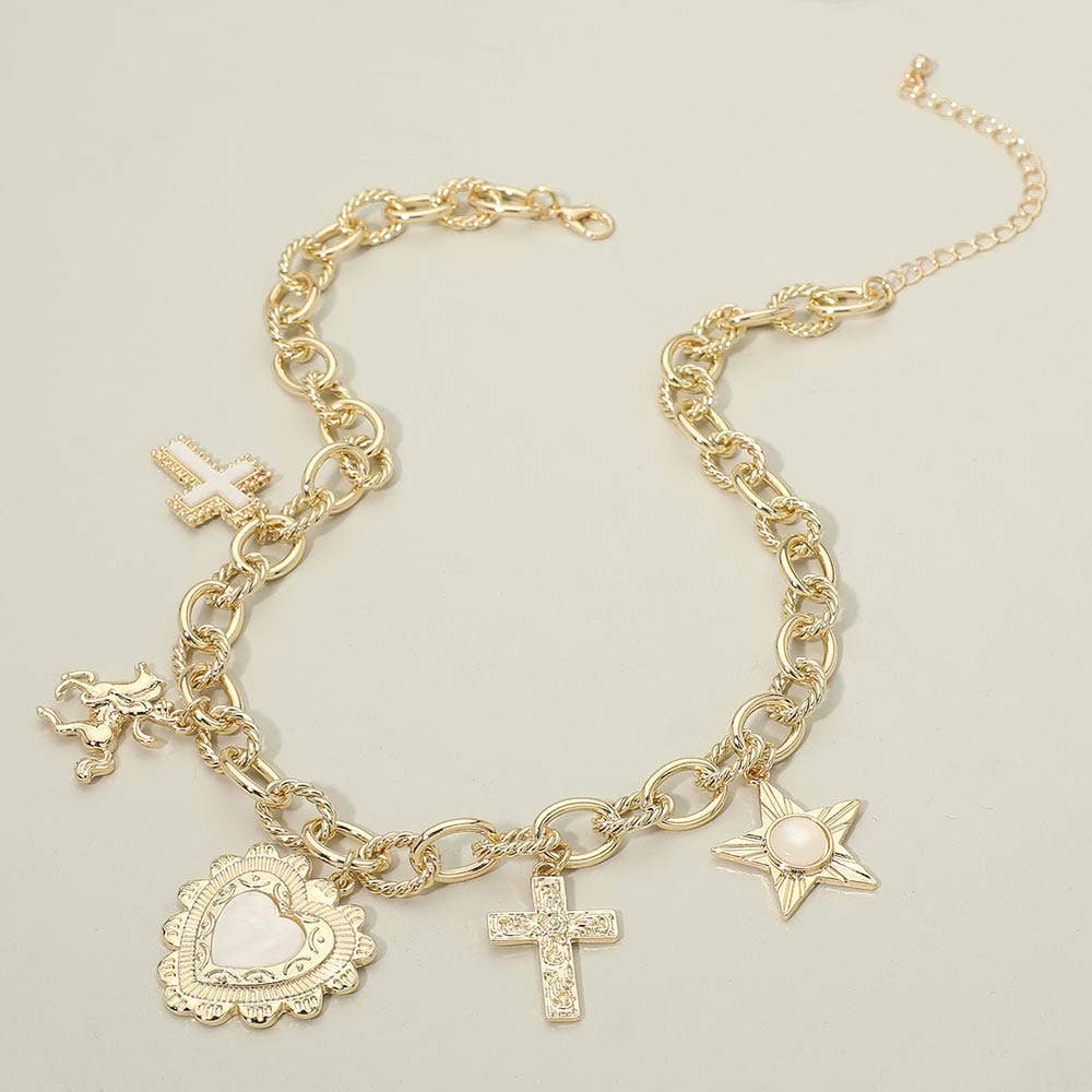 Antique Metal Cross Horse Turquoise Stone Accent Heart Star Charm Station Necklace: Gold