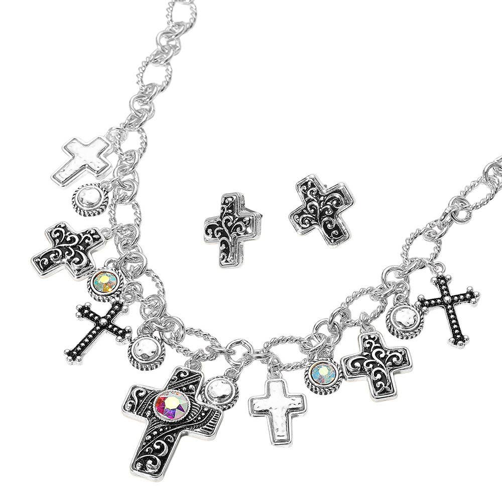 Two Tone Metal Intricate Scroll Cross Stone Charm Necklace: Silver