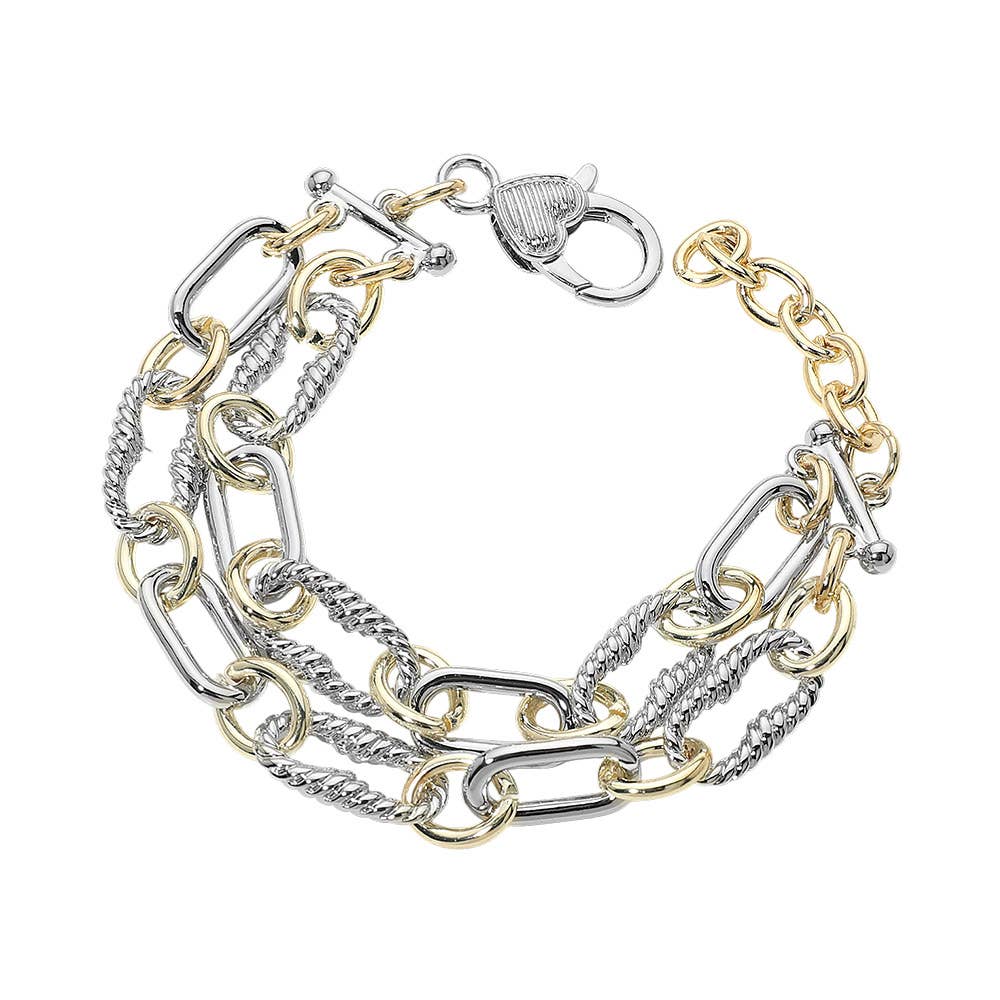 14K Gold Plated Two Tone Mixed Link Layered Chain Bracelet