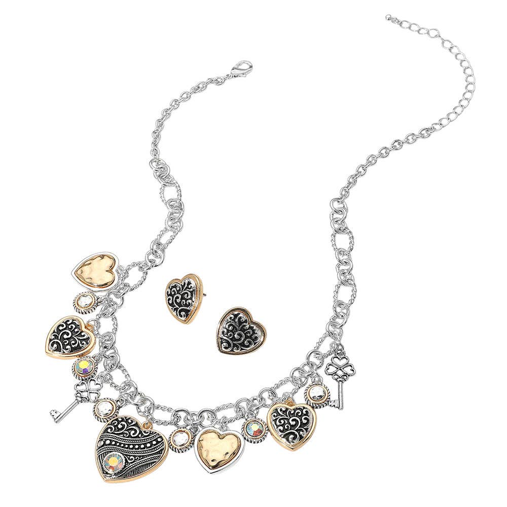 Two Tone Antique Metal Heart Clover Key Stone Charm Necklace