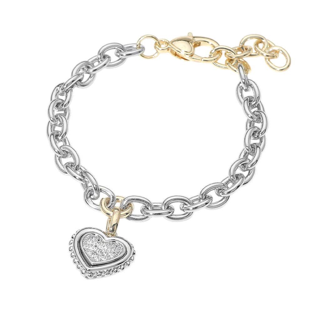14K Gold Plated Two Tone CZ Pave Heart Charm Chunky Chain Bracelet