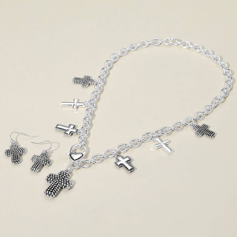 Textured Chunky Metal Cross Pendant Charm Necklace