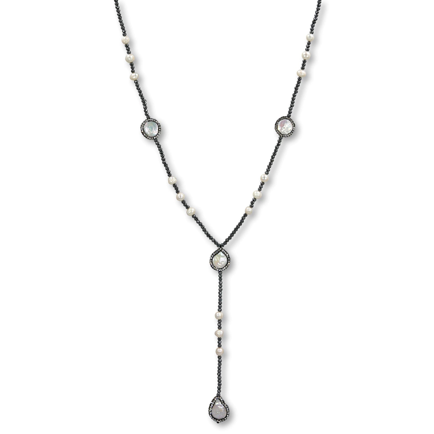 Faceted Hematite and Freshwater Pearls Lariat Necklace