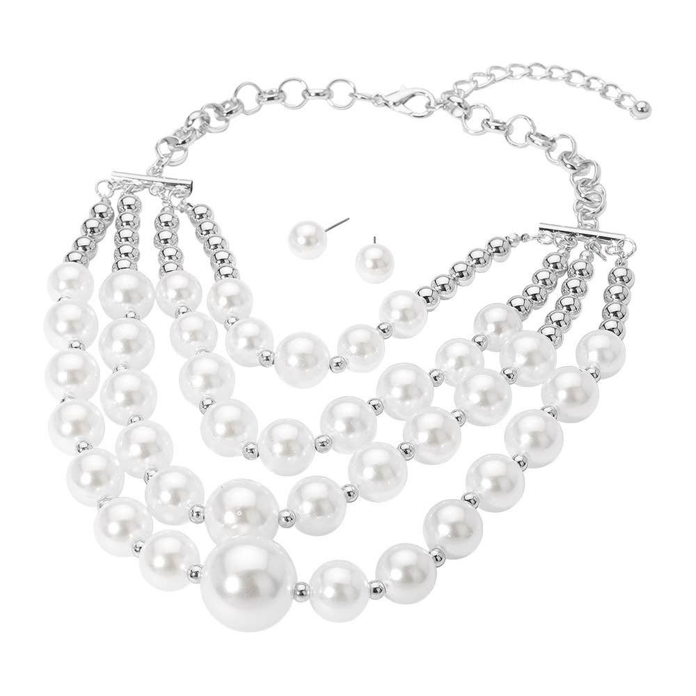 Multi-Layered Pearl Statement Necklace: Rhodium,White