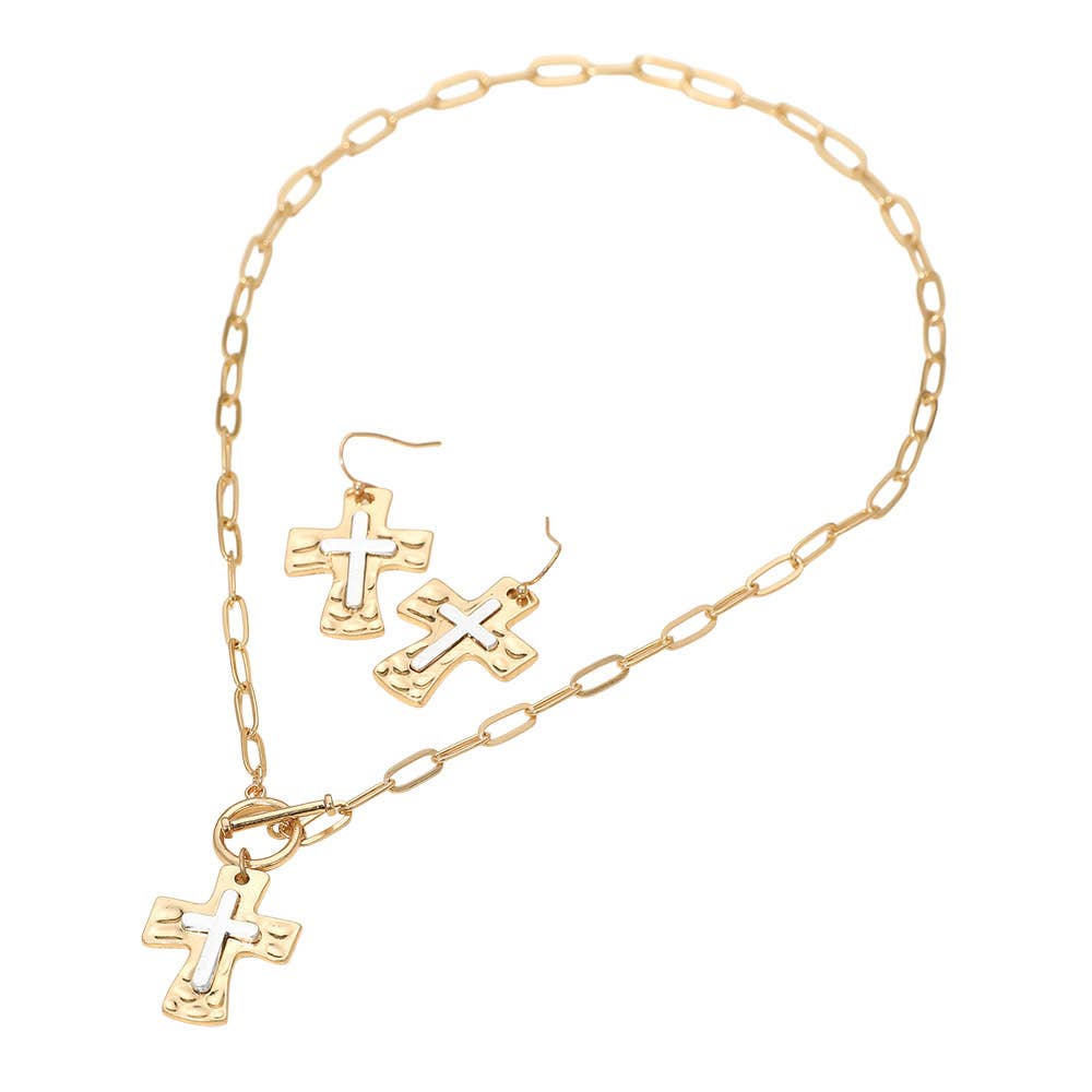 Brushed Hammered Metal Cross Pendant Paperclip Chain Toggle Necklace: Two Tone,Worn Silver