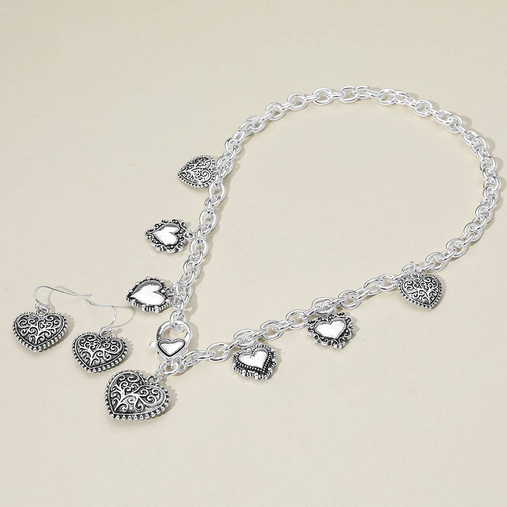 Textured Metal Heart Pendant Charm Necklace