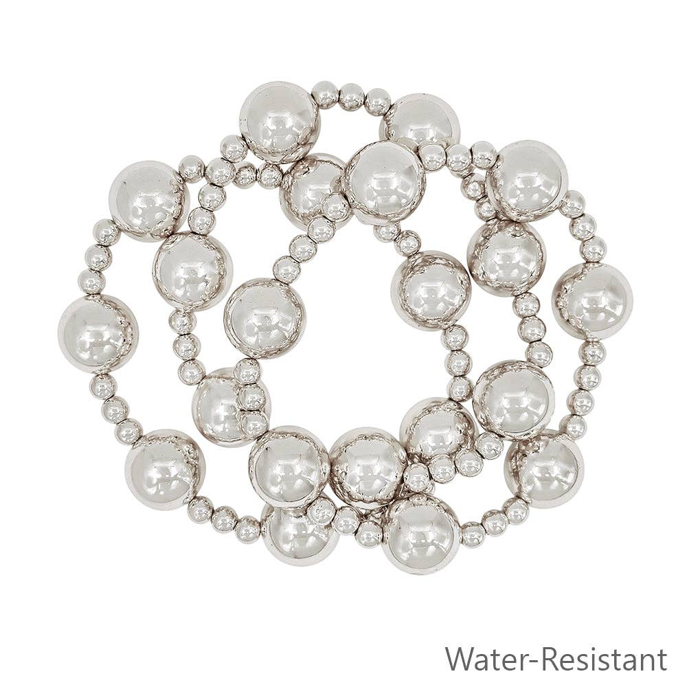 Set of 3 Silver 14MM Ball and 5MM Beaded Stretch Bracelets