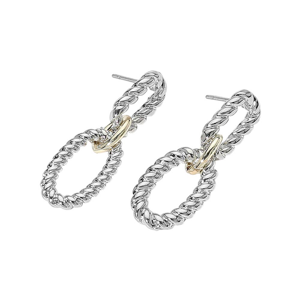 14K Gold Plated Two Tone Rope Oval Ring Link Earrings