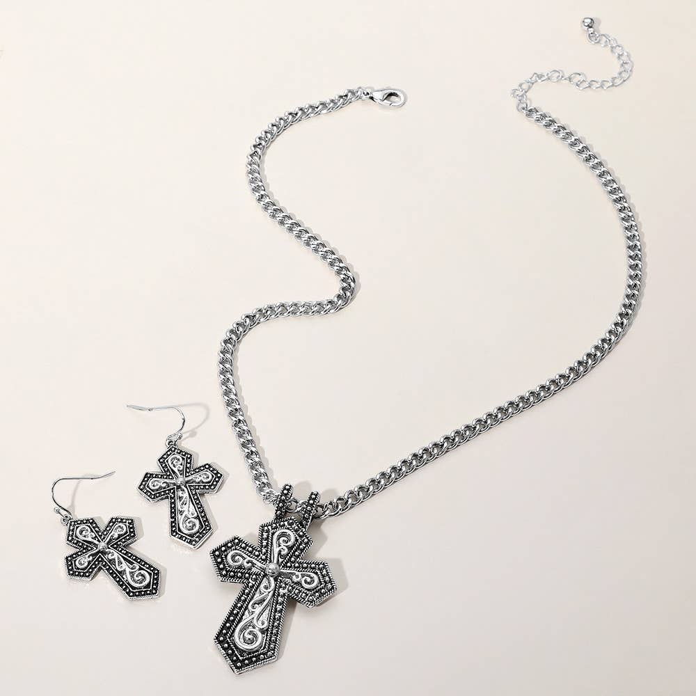 Two Tone Metal Intricate Scroll Pendant Necklace: Silver
