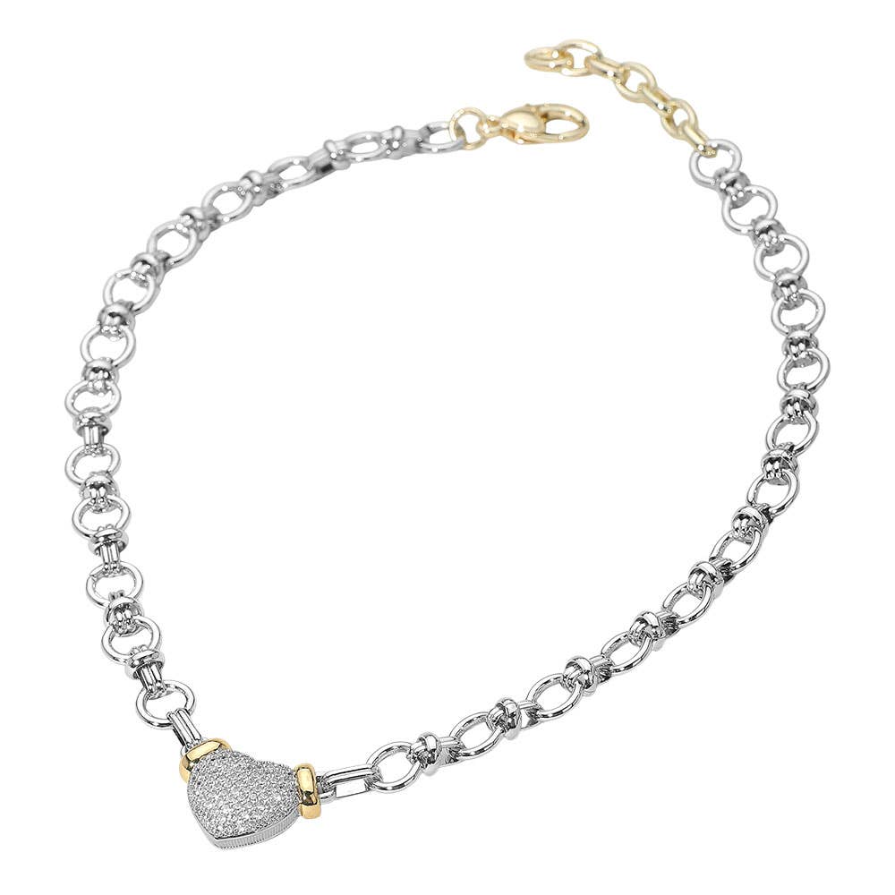 14K Gold Plated Two Tone CZ Stone Paved Heart Pendant Accent Chunky Chain Link Necklace