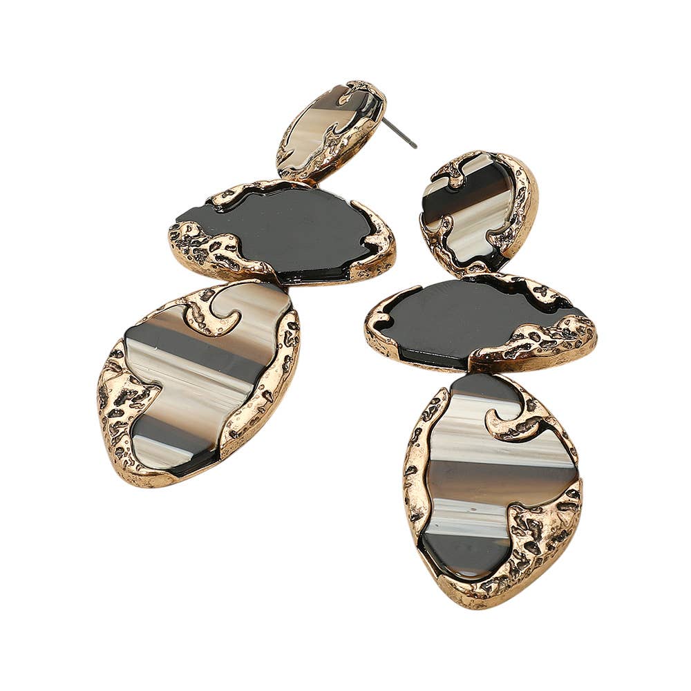 Textured Metal Frame Abstract Celluloid Acetate Plate Link Drop Statement Earrings: Brown,Gold,Multi