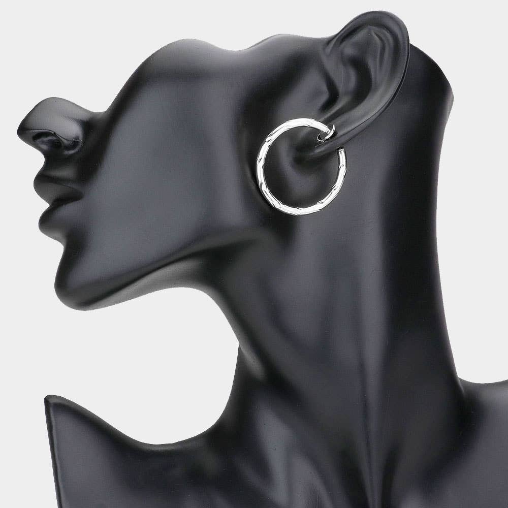 Hypoallergenic Textured Metal Clip On Hoop Earrings: Silver or Gold
