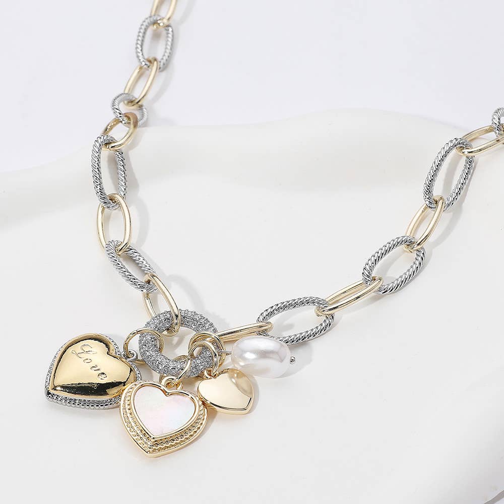 Two Tone 14K Gold Plated CZ LOVE Engraved Pendant Necklace