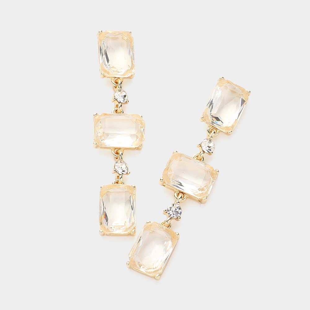 Rectangle Glass Stone Link Dropdown Earrings: Clear,Gold