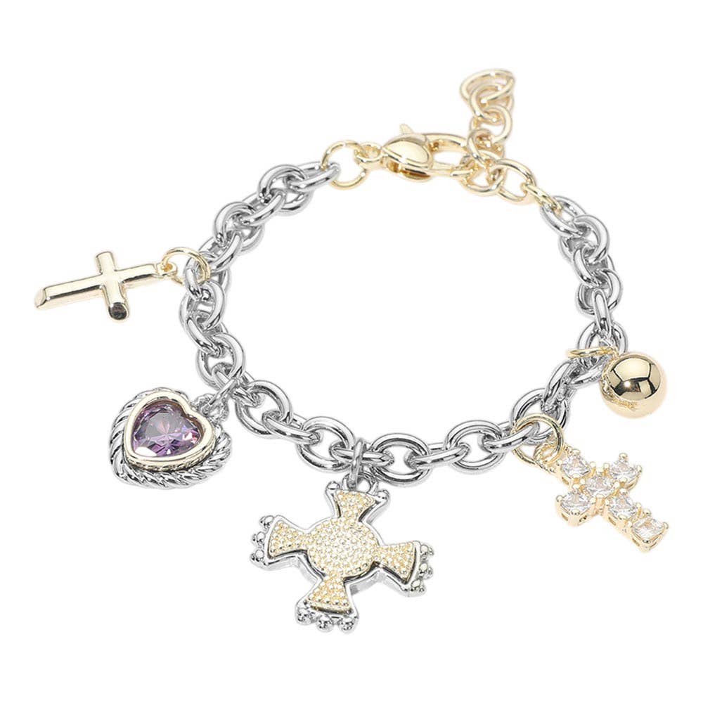 14K Gold Plated CZ Heart Cross Charm Station Bracelet