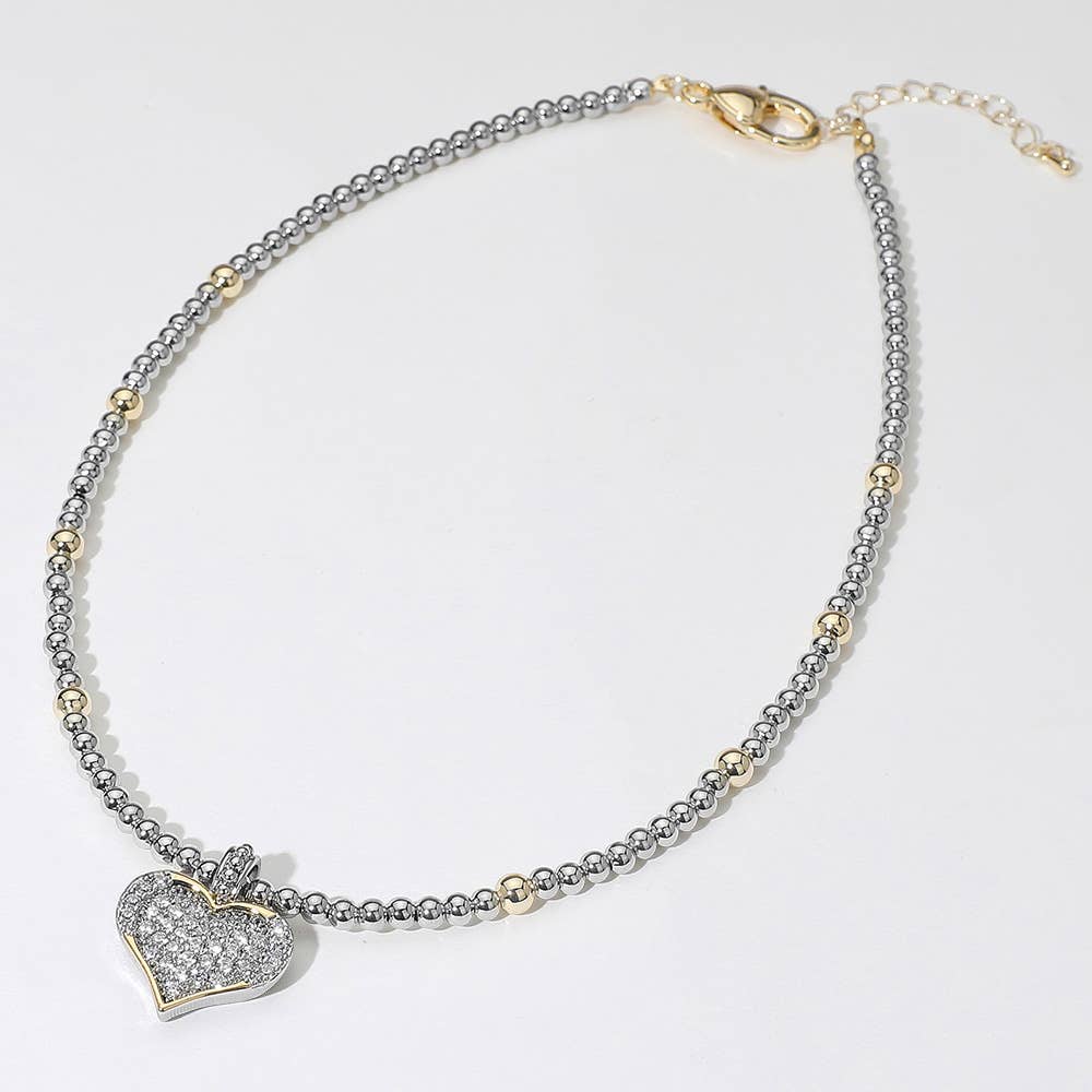14K Gold Plated Two Tone Ball Beaded CZ Stone Paved Heart Pendant Necklace