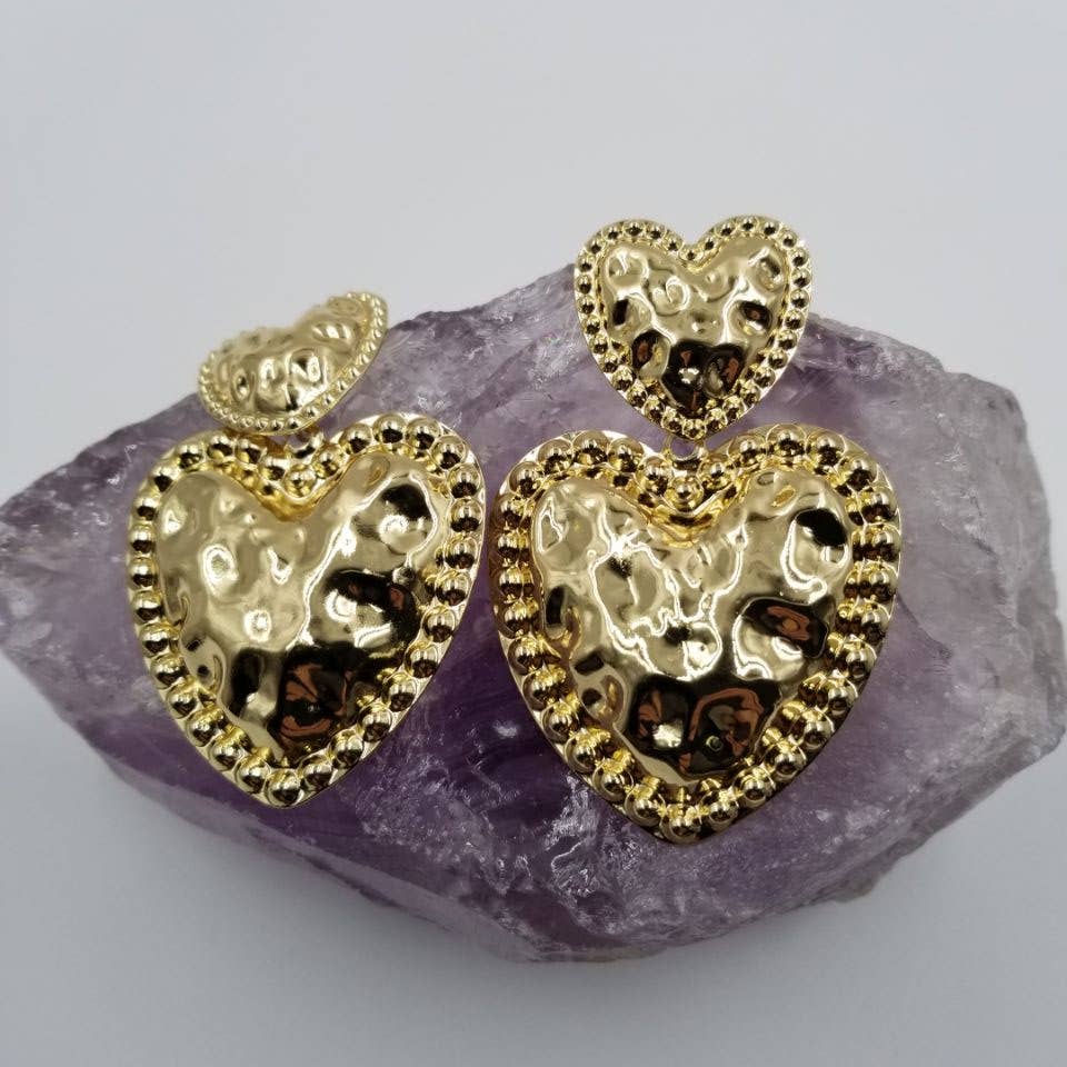 Hammered Gold Double Heart Earrings