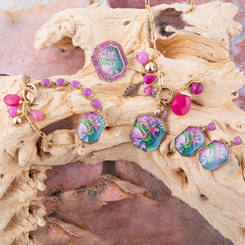 Flamingo Pink Agate Golden Pendant Necklace