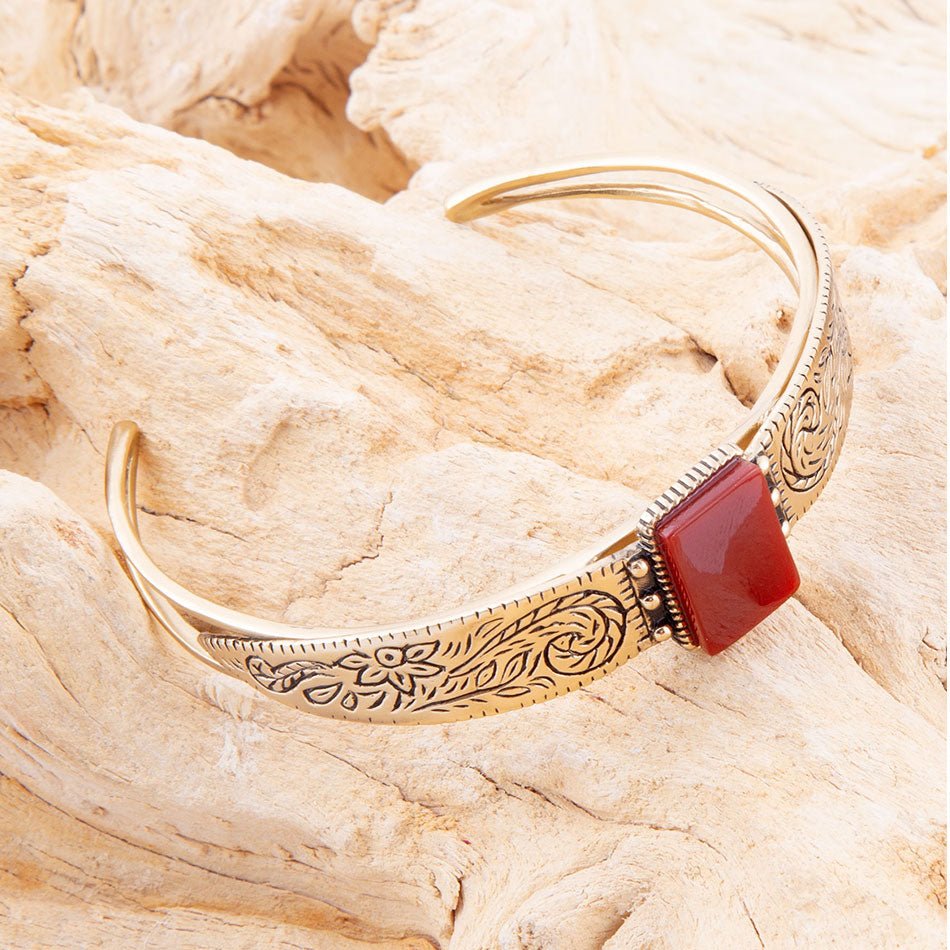 Stamped Orange Carnelian Golden Cuff Bracelet