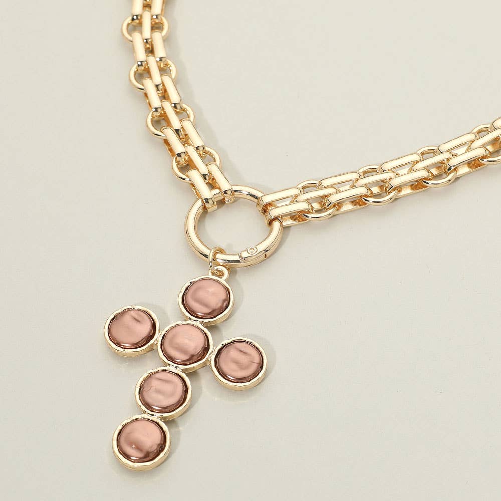 Pearl Cross Charm Pendant Chunky Chain Statement Necklace: Gold, Brown, Pearl