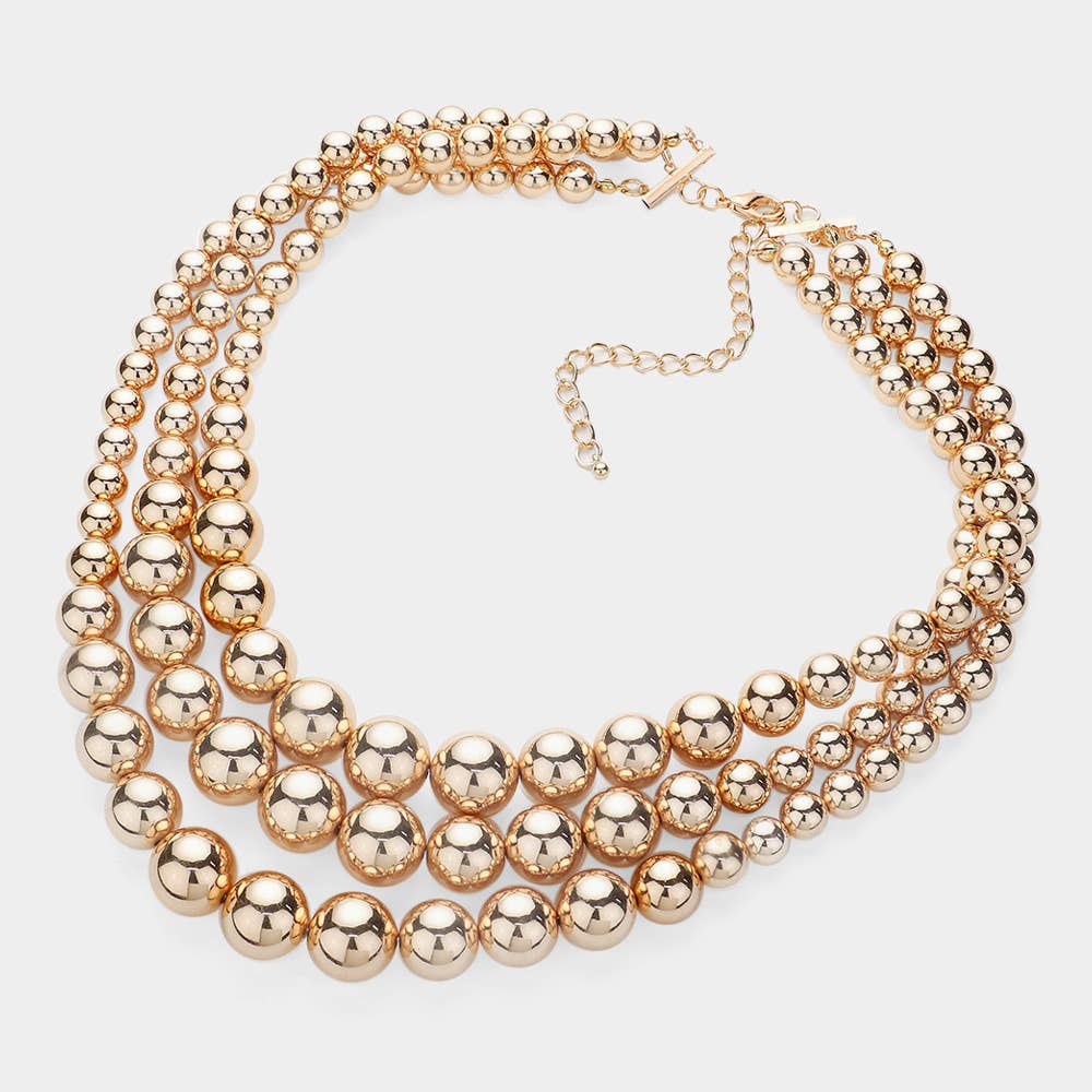 Oversized Triple Layered Metal Ball Statement Necklace: Gold