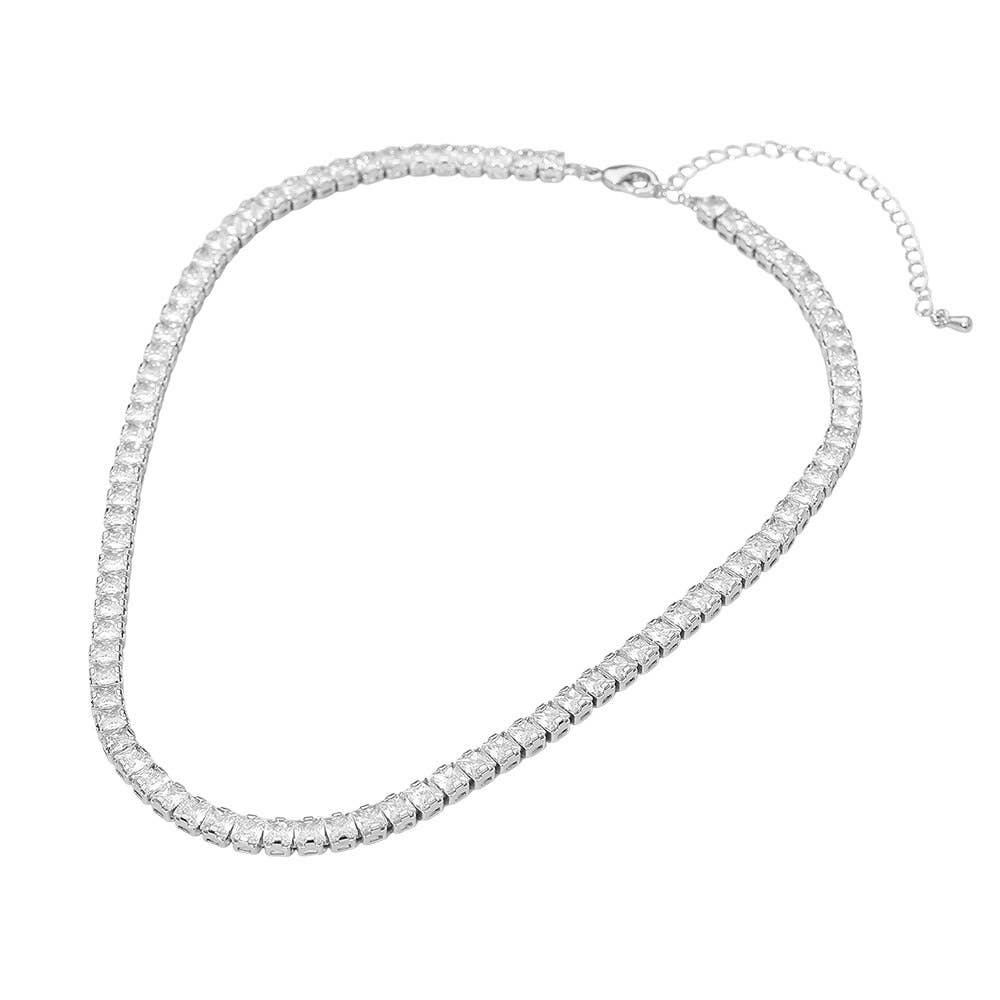 18K Gold Dipped Square Tennis Chain Necklace: Clear,Silver