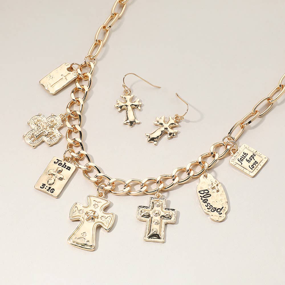 Metal Cross Bible Charm Station Chunky Chain Necklace: Gold or Silver