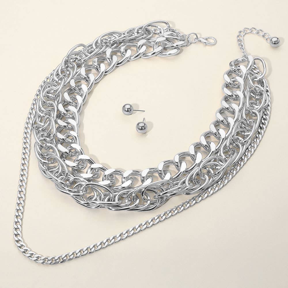 Chunky Metal Layered Chain Statement Necklace: Rhodium