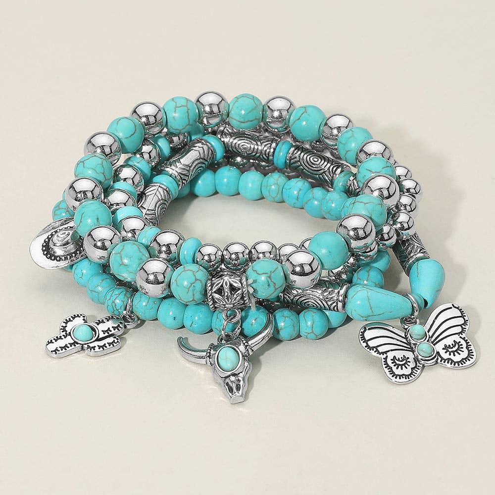 Boho Western Steer Head Cowboy Hat Butterfly Totem Charm Beaded Stretch Multi Layered Bracelet
