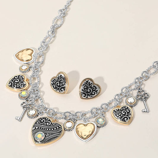 Two Tone Antique Metal Heart Clover Key Stone Charm Necklace