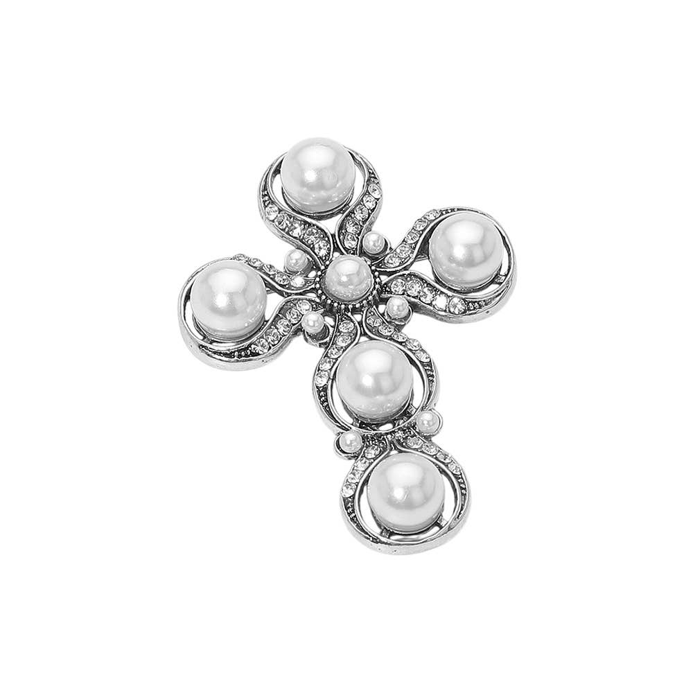 Rhinestone Paved Pearl Antique Cross Pin Brooch: Antique Silver,White