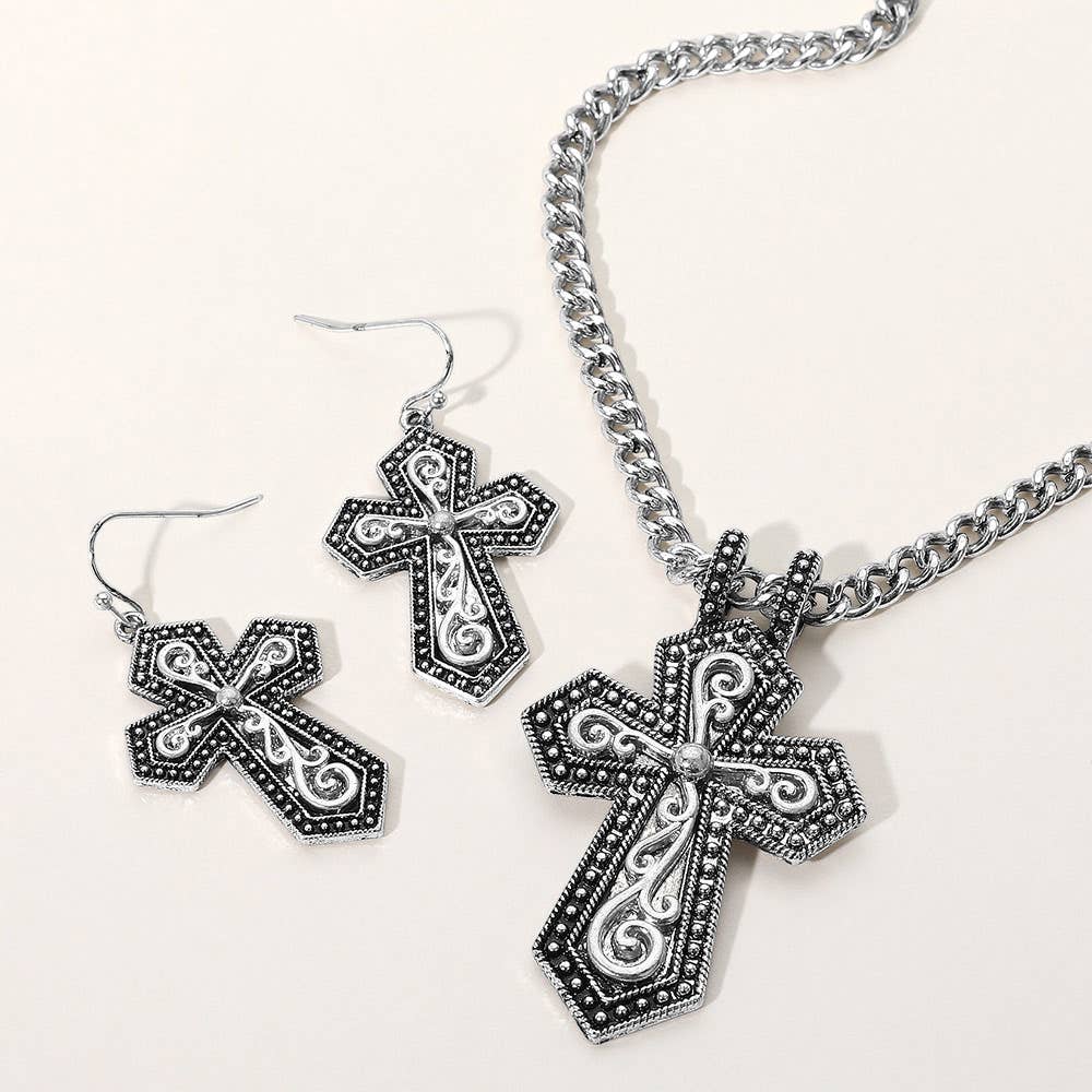 Two Tone Metal Intricate Scroll Pendant Necklace: Silver