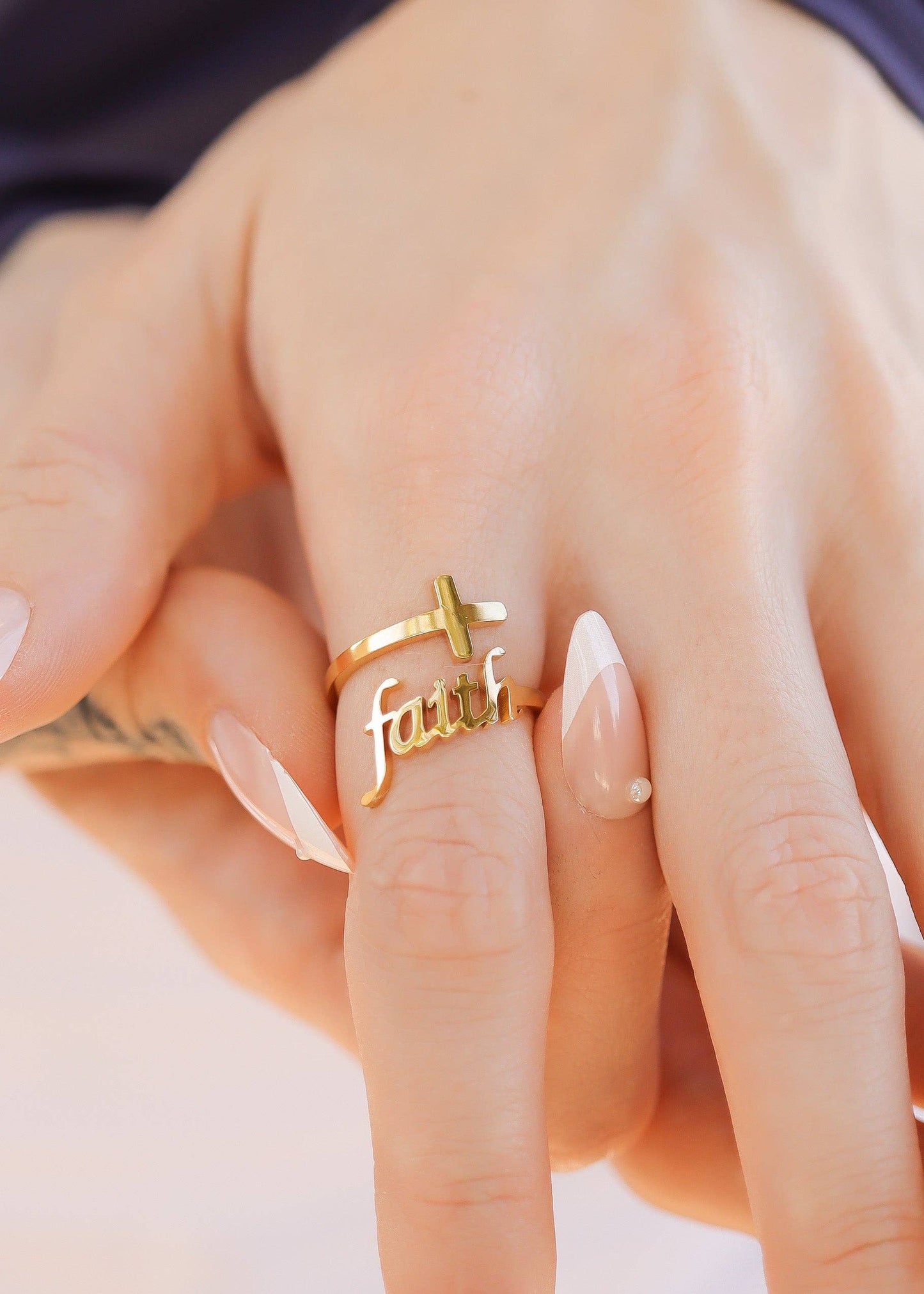 18K Gold PVD Adjustable "Faith" Ring: Stainless / 9