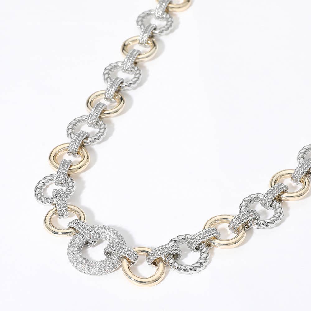 14K Gold Plated Two Tone CZ Stone Paved Ring Link Necklace