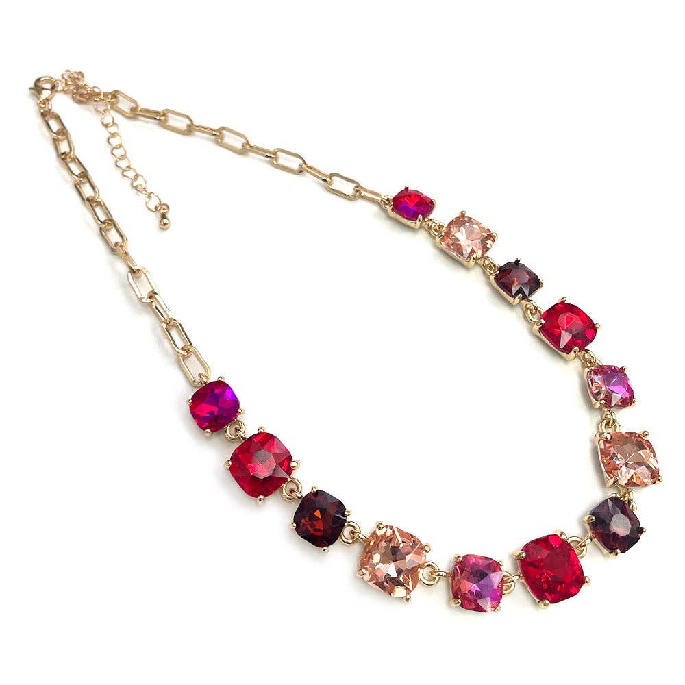 Hot Pink Multi Crystal and Gold Chain 16"-18" Necklace